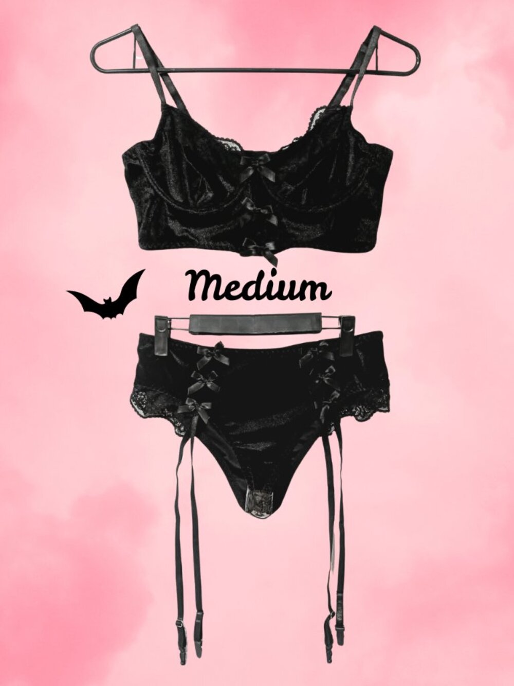 NWT Dolls Kill Sugar Thrillz Goth Black Velvet Garter Dark Coquette Lingerie Set
